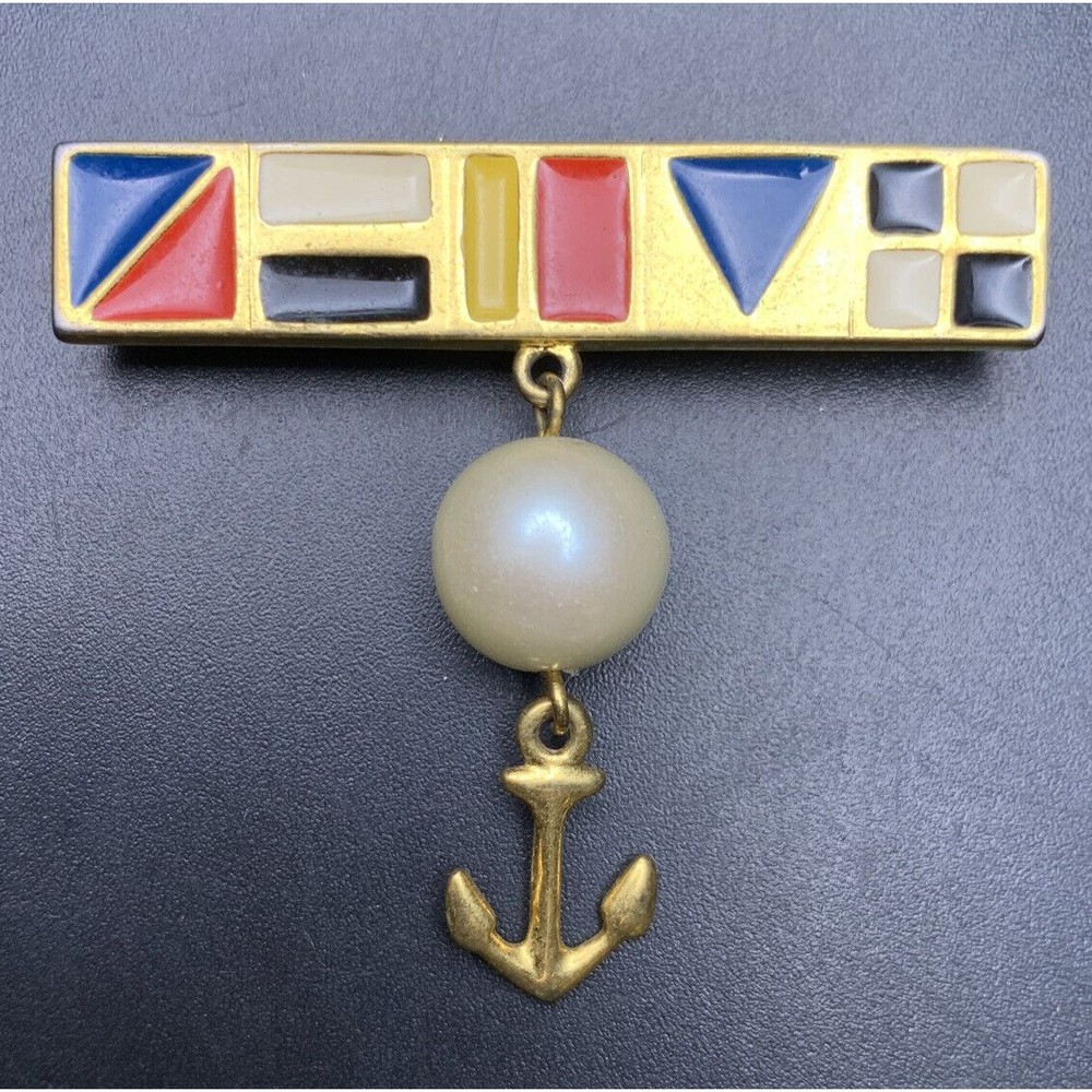 Marvella Nautical Brooch Pin Enamel Bar Faux Pearl Anchor Charm Goldtone Vintage